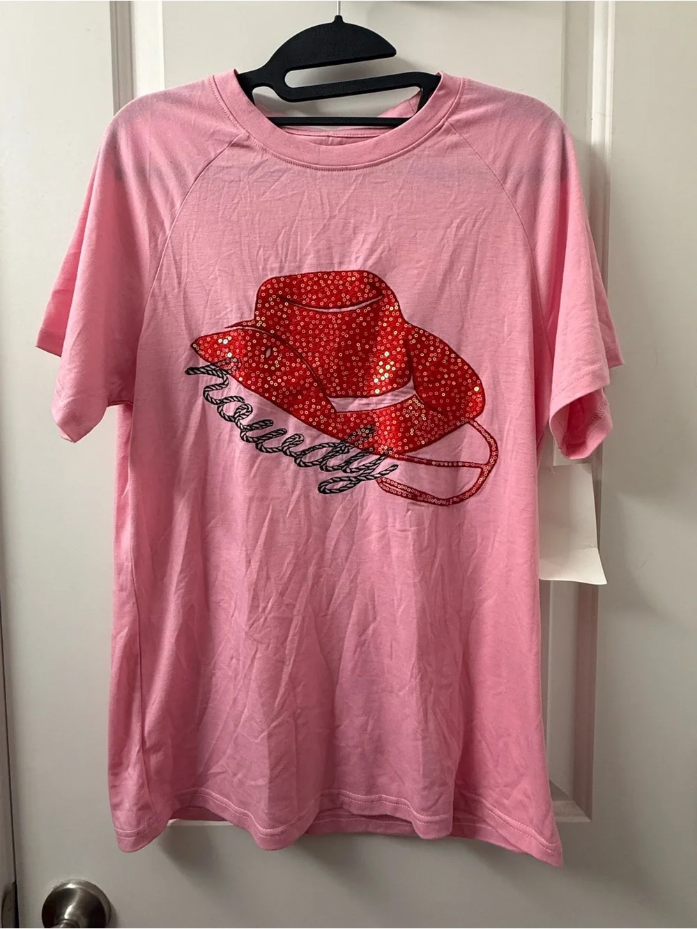 Pink Sequin Cowboy Hat Howdy Western Graphic Tee Size L Sample